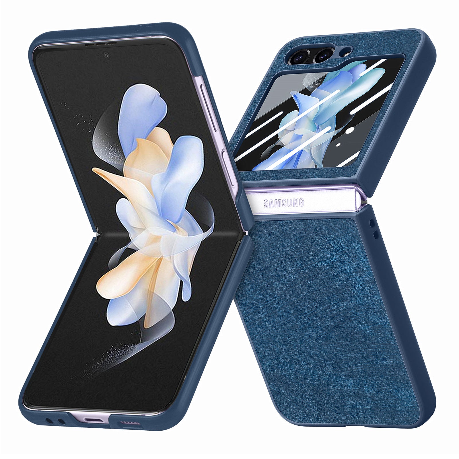 For Samsung Galaxy Z Flip5 5G Retro Leather PC Phone Case Skin-touch Shockproof Cover with Tempered Glass Rear Screen Protector