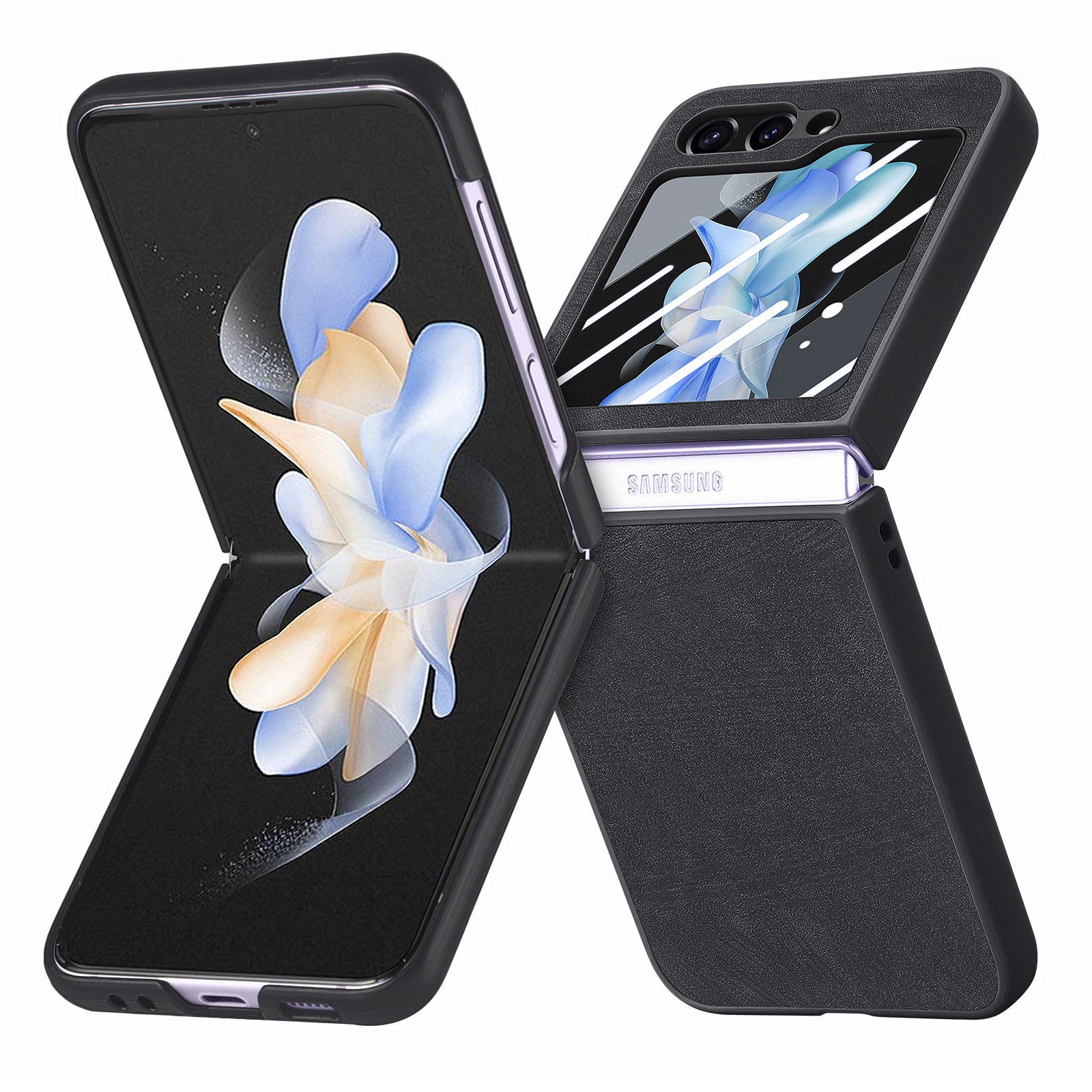 For Samsung Galaxy Z Flip5 5G Retro Leather PC Phone Case Skin-touch Shockproof Cover with Tempered Glass Rear Screen Protector