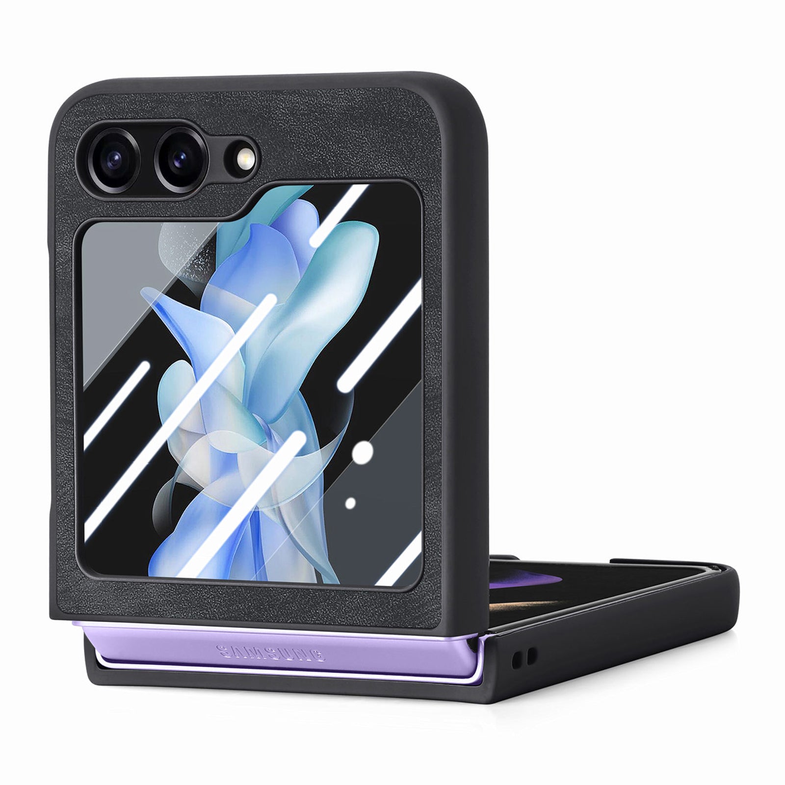 For Samsung Galaxy Z Flip5 5G Retro Leather PC Phone Case Skin-touch Shockproof Cover with Tempered Glass Rear Screen Protector