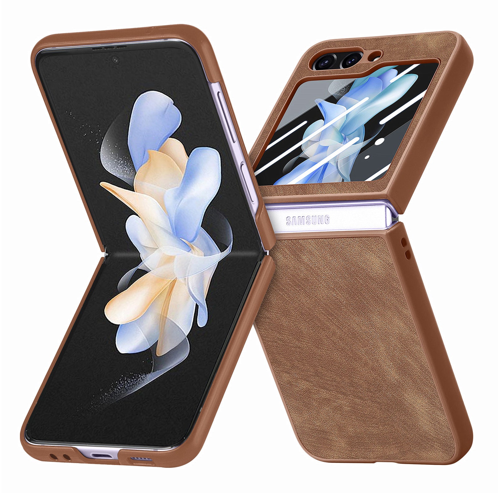 For Samsung Galaxy Z Flip5 5G Retro Leather PC Phone Case Skin-touch Shockproof Cover with Tempered Glass Rear Screen Protector