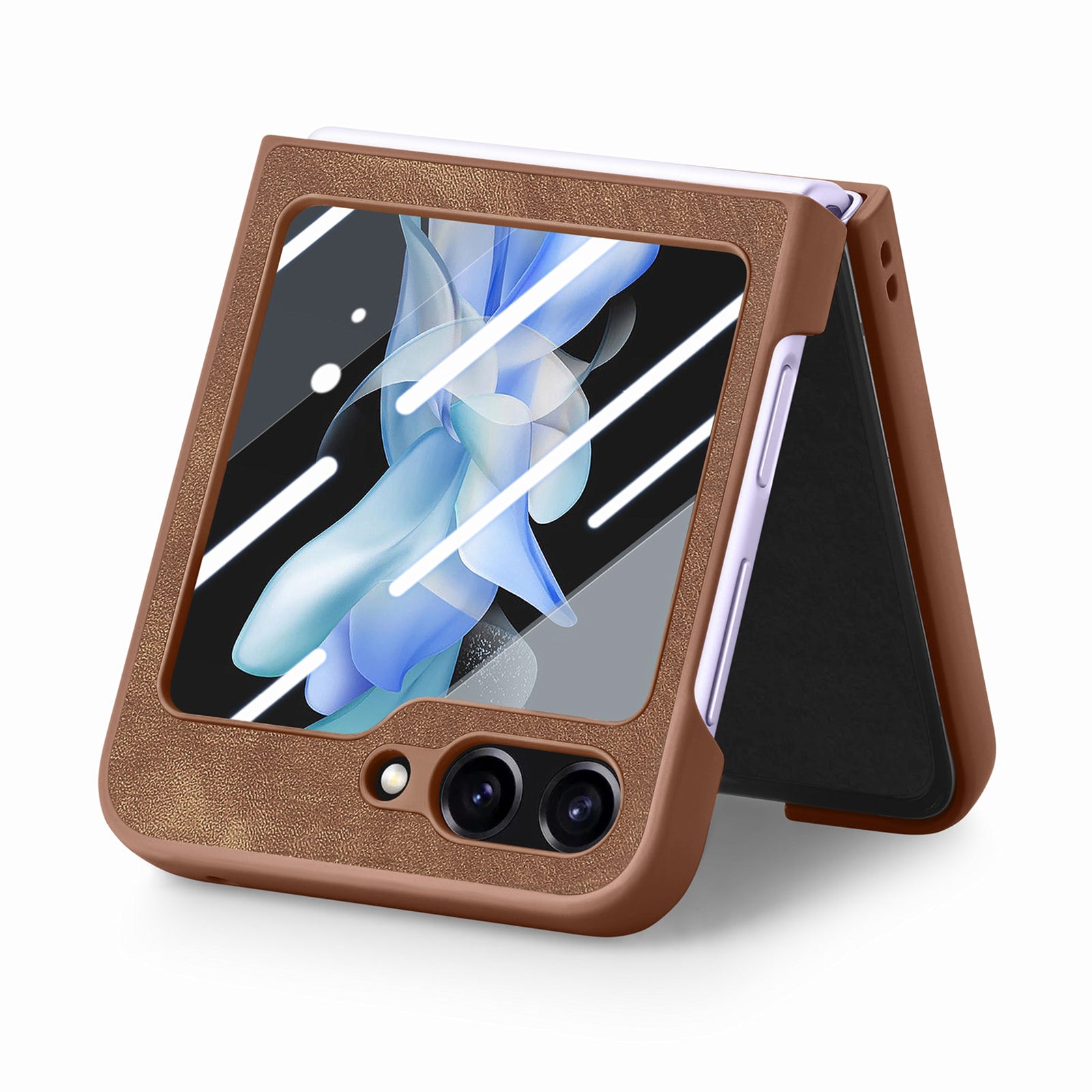 For Samsung Galaxy Z Flip5 5G Retro Leather PC Phone Case Skin-touch Shockproof Cover with Tempered Glass Rear Screen Protector