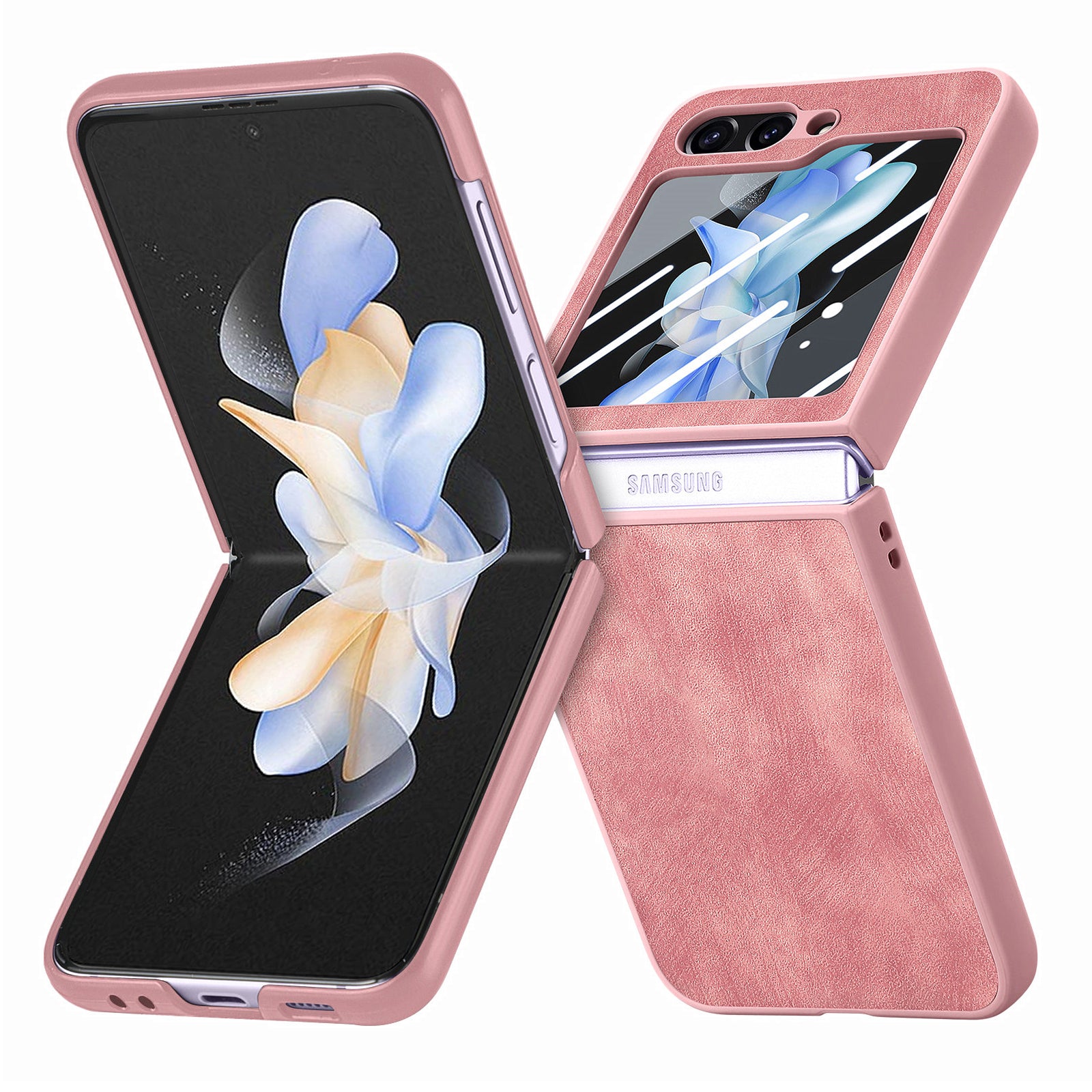 For Samsung Galaxy Z Flip5 5G Retro Leather PC Phone Case Skin-touch Shockproof Cover with Tempered Glass Rear Screen Protector