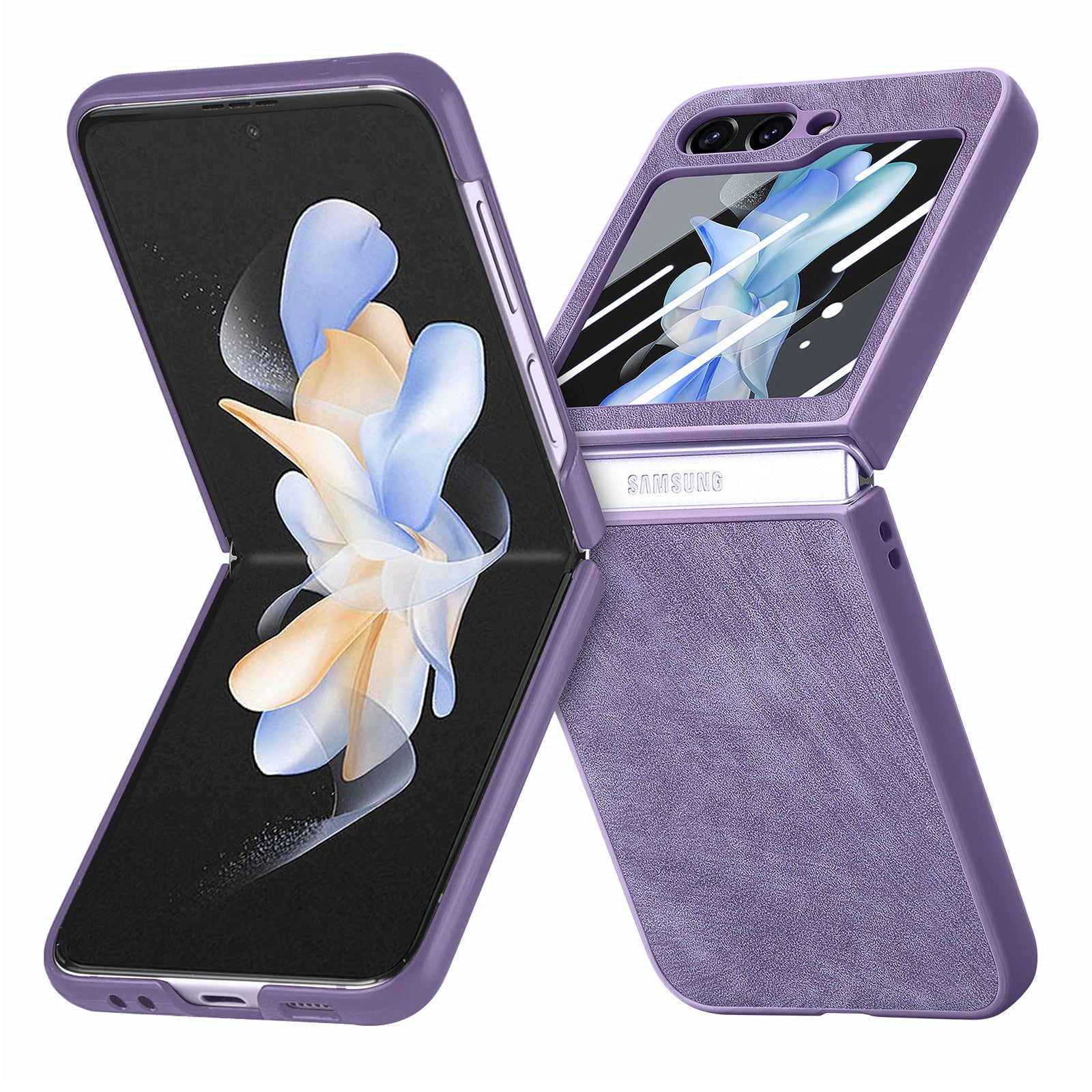 For Samsung Galaxy Z Flip5 5G Retro Leather PC Phone Case Skin-touch Shockproof Cover with Tempered Glass Rear Screen Protector