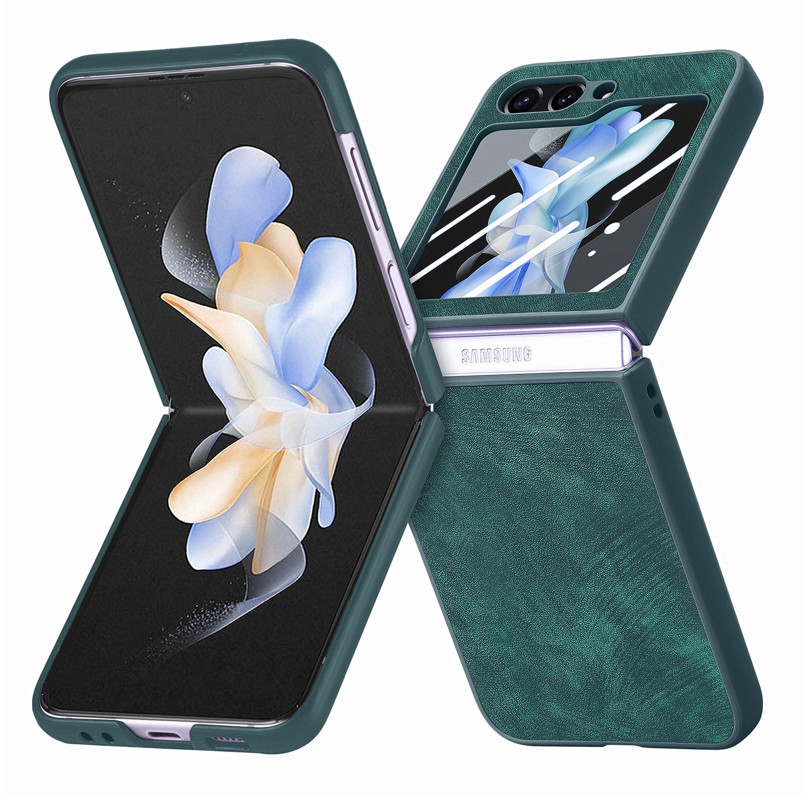 For Samsung Galaxy Z Flip5 5G Retro Leather PC Phone Case Skin-touch Shockproof Cover with Tempered Glass Rear Screen Protector