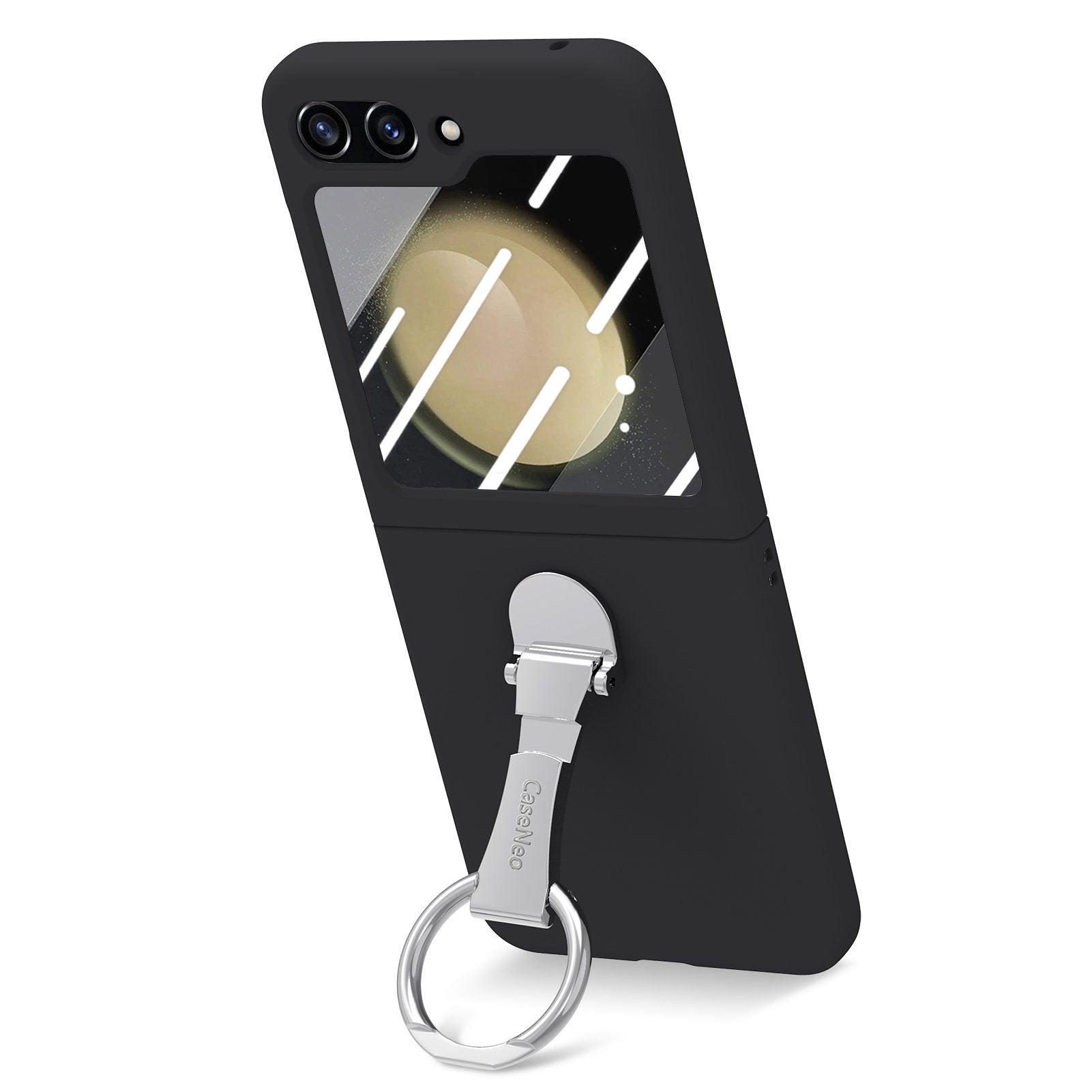 For Samsung Galaxy Z Flip5 5G Ring Kickstand Cover Skin-touch PC Phone Case with Tempered Glass Rear Screen Film