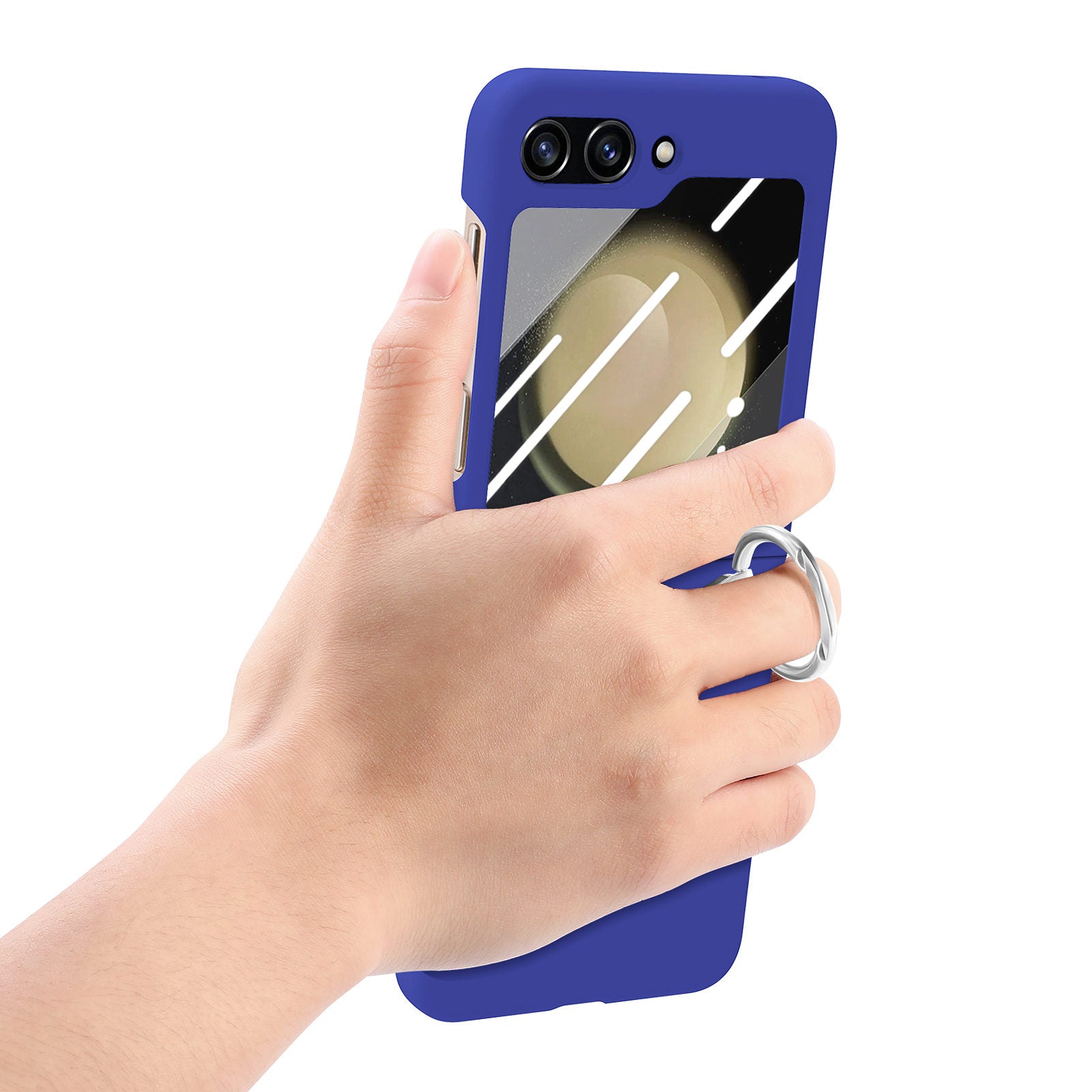 For Samsung Galaxy Z Flip5 5G Ring Kickstand Cover Skin-touch PC Phone Case with Tempered Glass Rear Screen Film