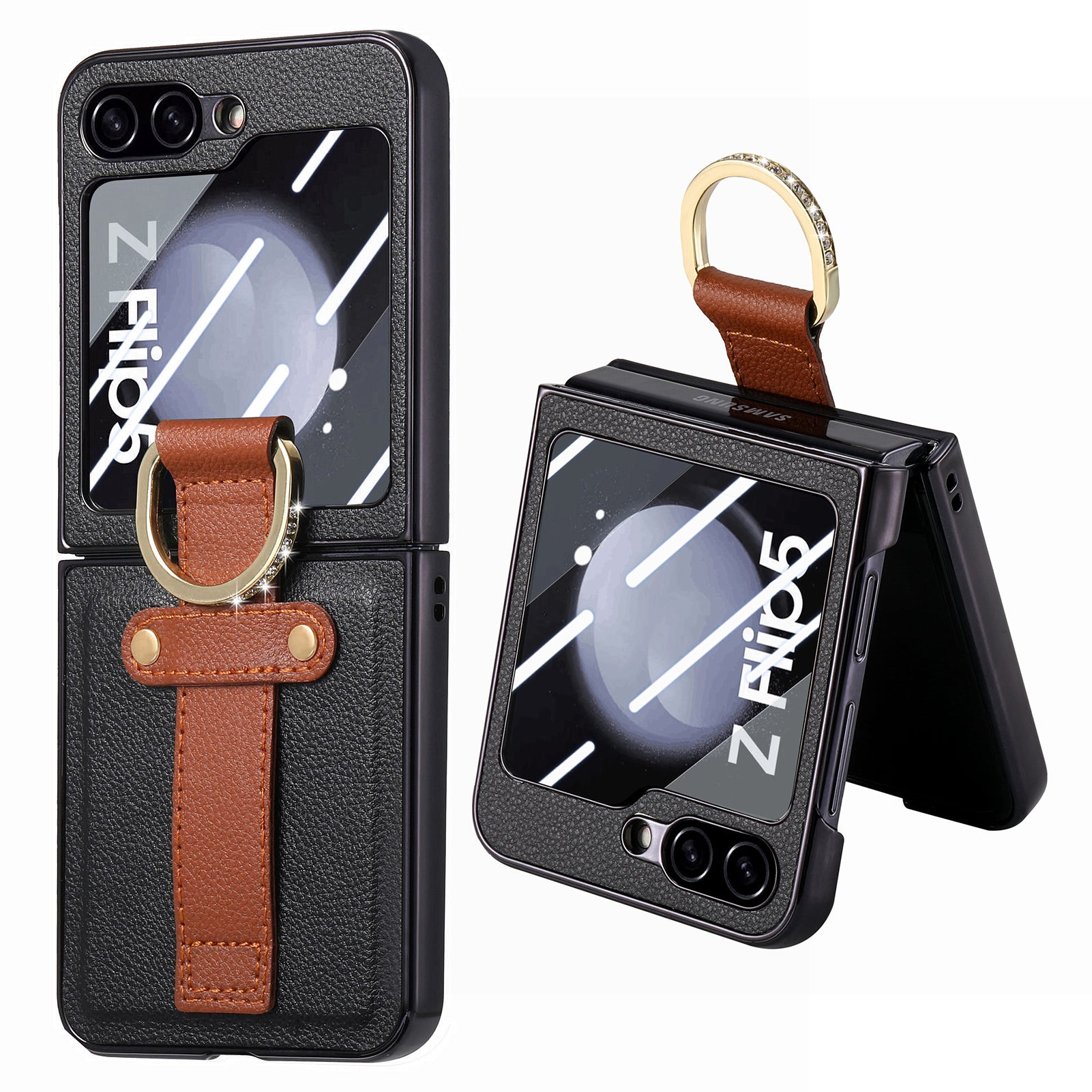 For Samsung Galaxy Z Flip5 5G PU Leather PC Electroplating Case Rhinestone Decor Ring Kickstand Phone Cover