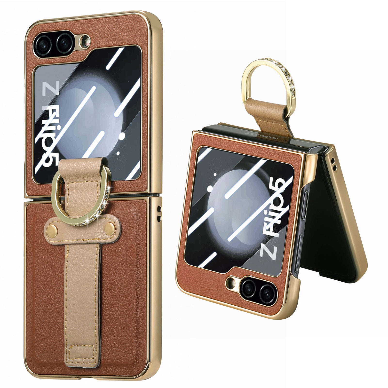 For Samsung Galaxy Z Flip5 5G PU Leather PC Electroplating Case Rhinestone Decor Ring Kickstand Phone Cover