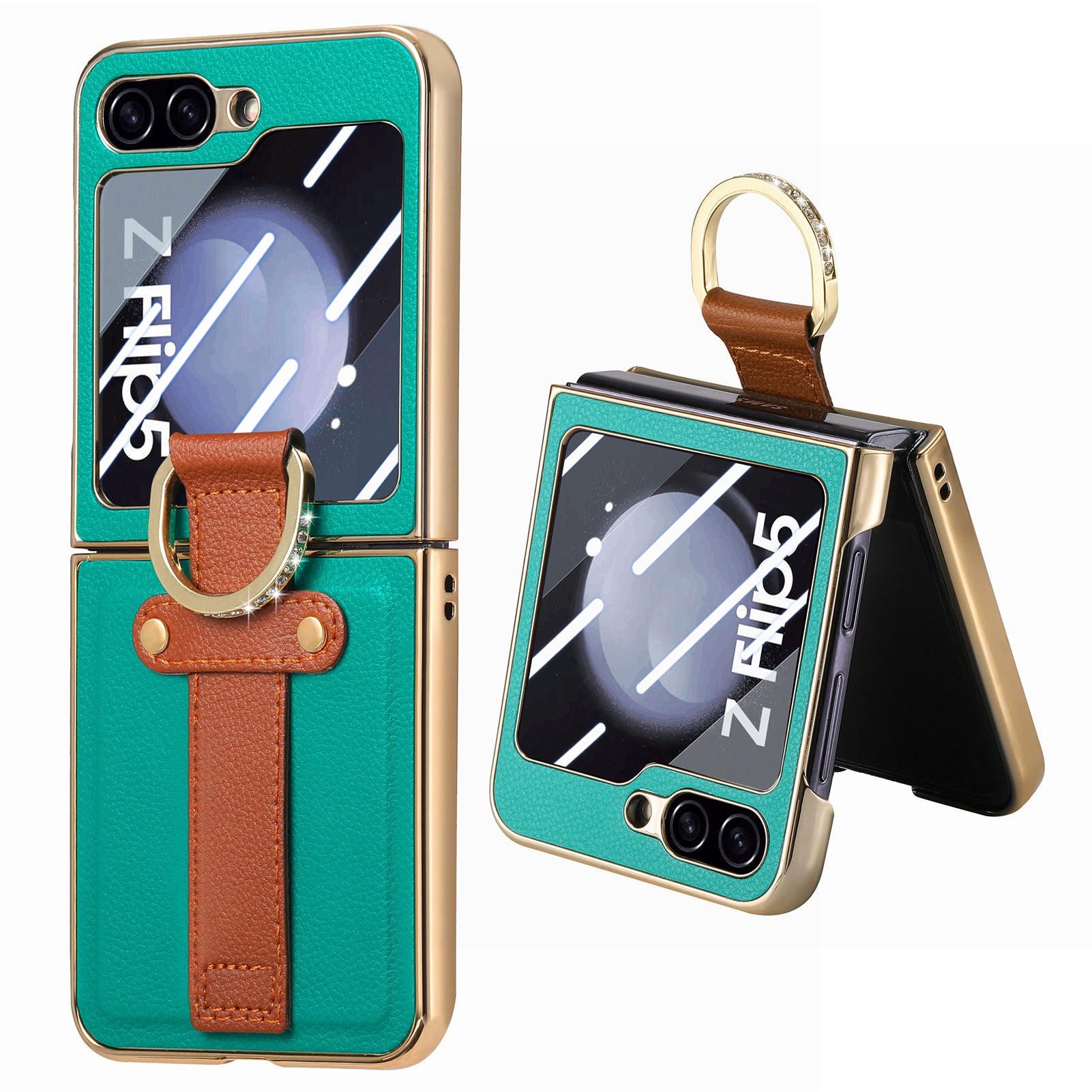 For Samsung Galaxy Z Flip5 5G PU Leather PC Electroplating Case Rhinestone Decor Ring Kickstand Phone Cover