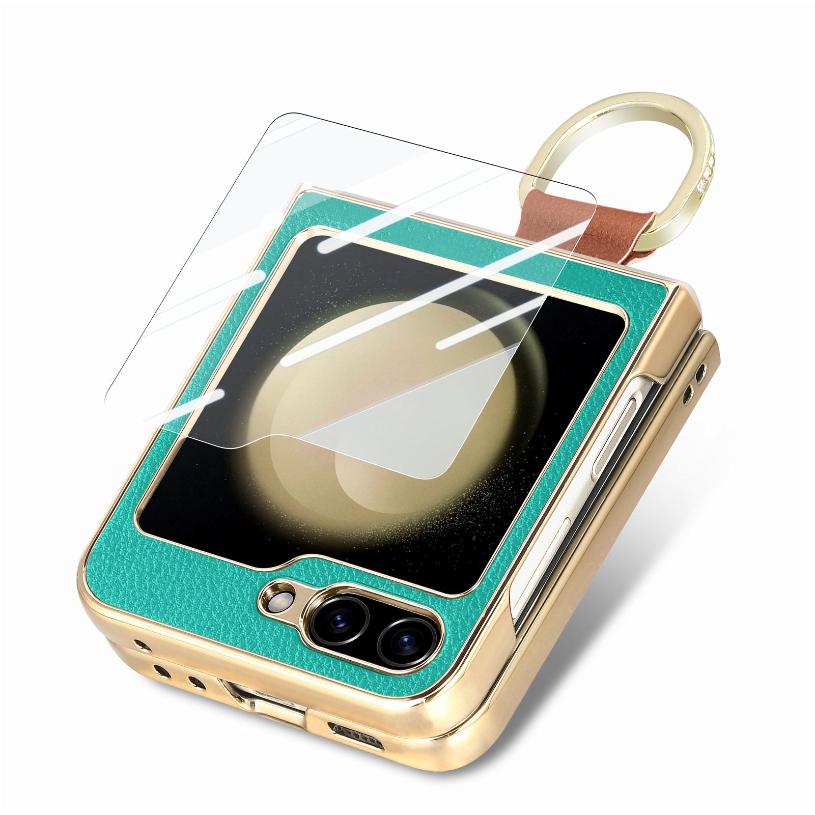 For Samsung Galaxy Z Flip5 5G PU Leather PC Electroplating Case Rhinestone Decor Ring Kickstand Phone Cover