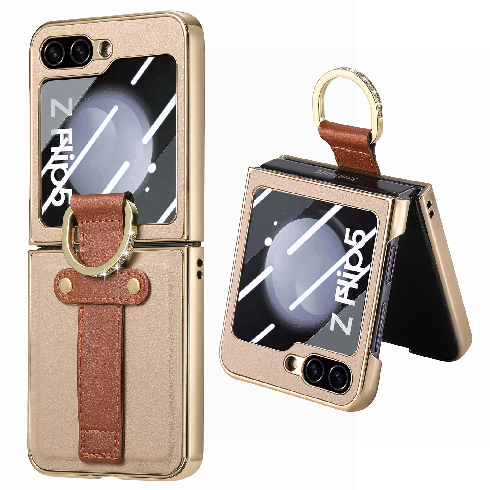 For Samsung Galaxy Z Flip5 5G PU Leather PC Electroplating Case Rhinestone Decor Ring Kickstand Phone Cover
