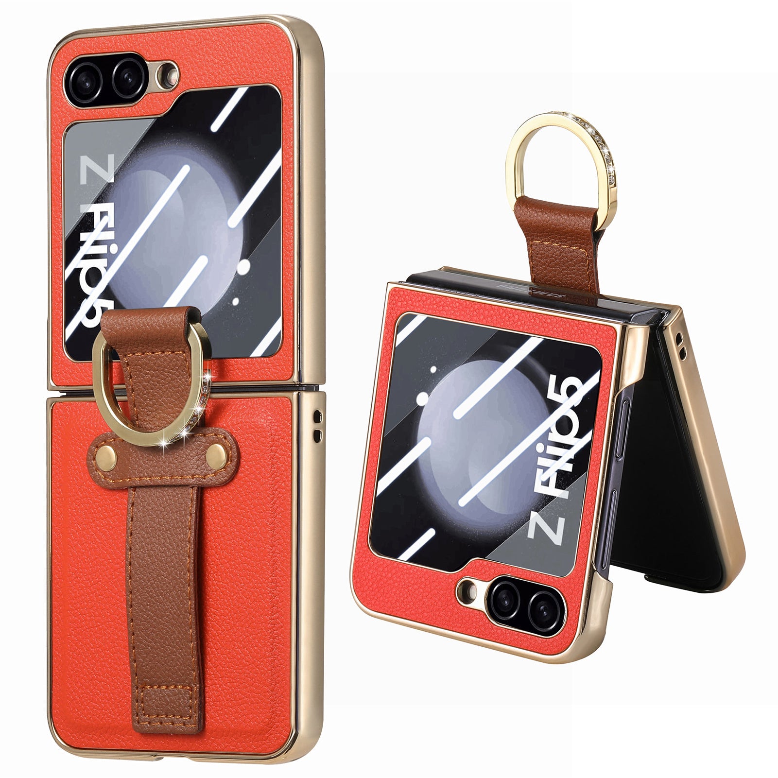 For Samsung Galaxy Z Flip5 5G PU Leather PC Electroplating Case Rhinestone Decor Ring Kickstand Phone Cover
