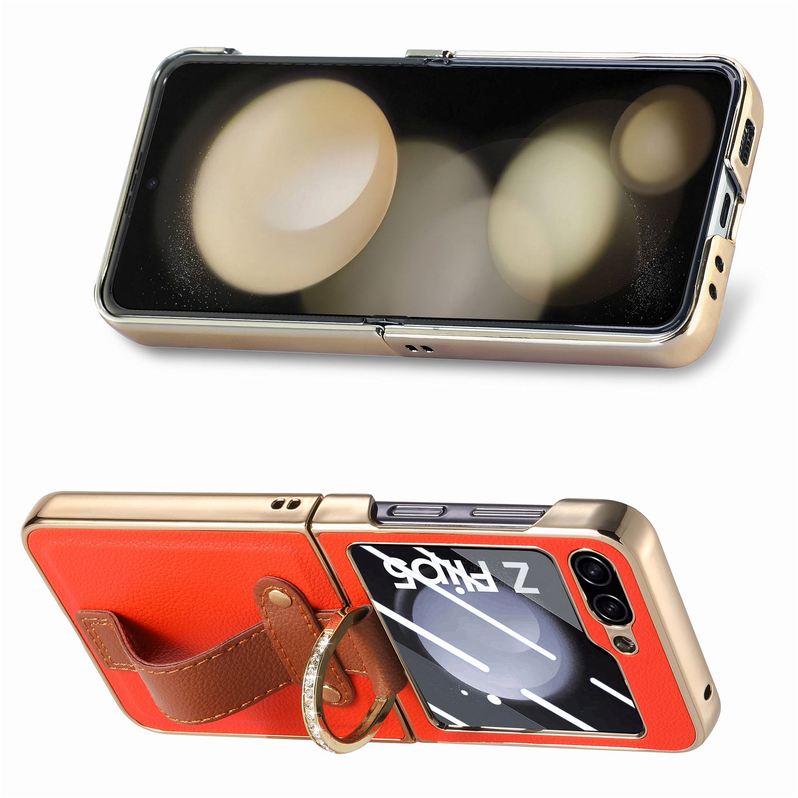 For Samsung Galaxy Z Flip5 5G PU Leather PC Electroplating Case Rhinestone Decor Ring Kickstand Phone Cover