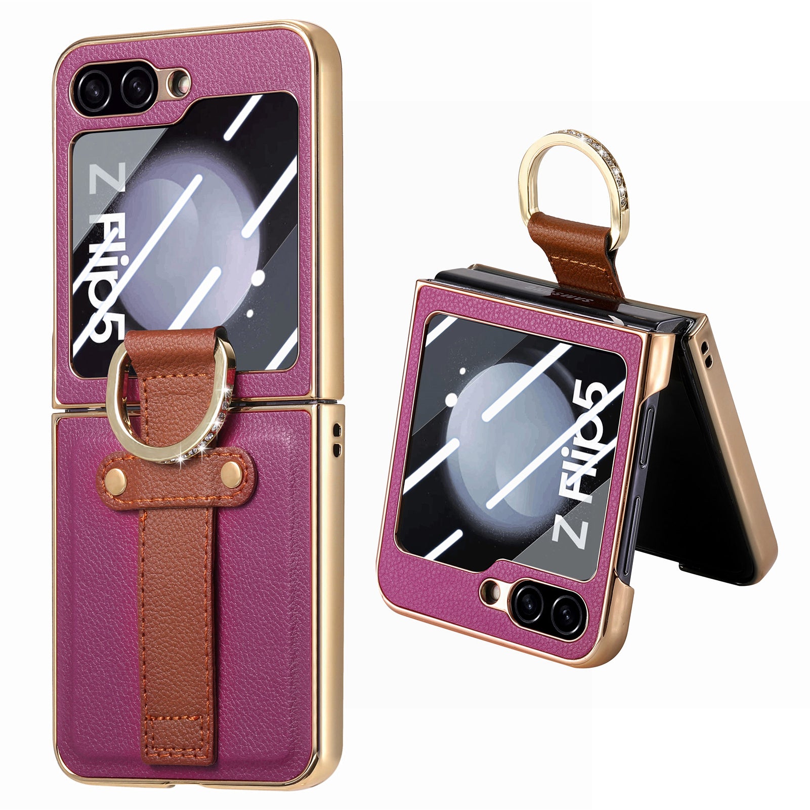 For Samsung Galaxy Z Flip5 5G PU Leather PC Electroplating Case Rhinestone Decor Ring Kickstand Phone Cover