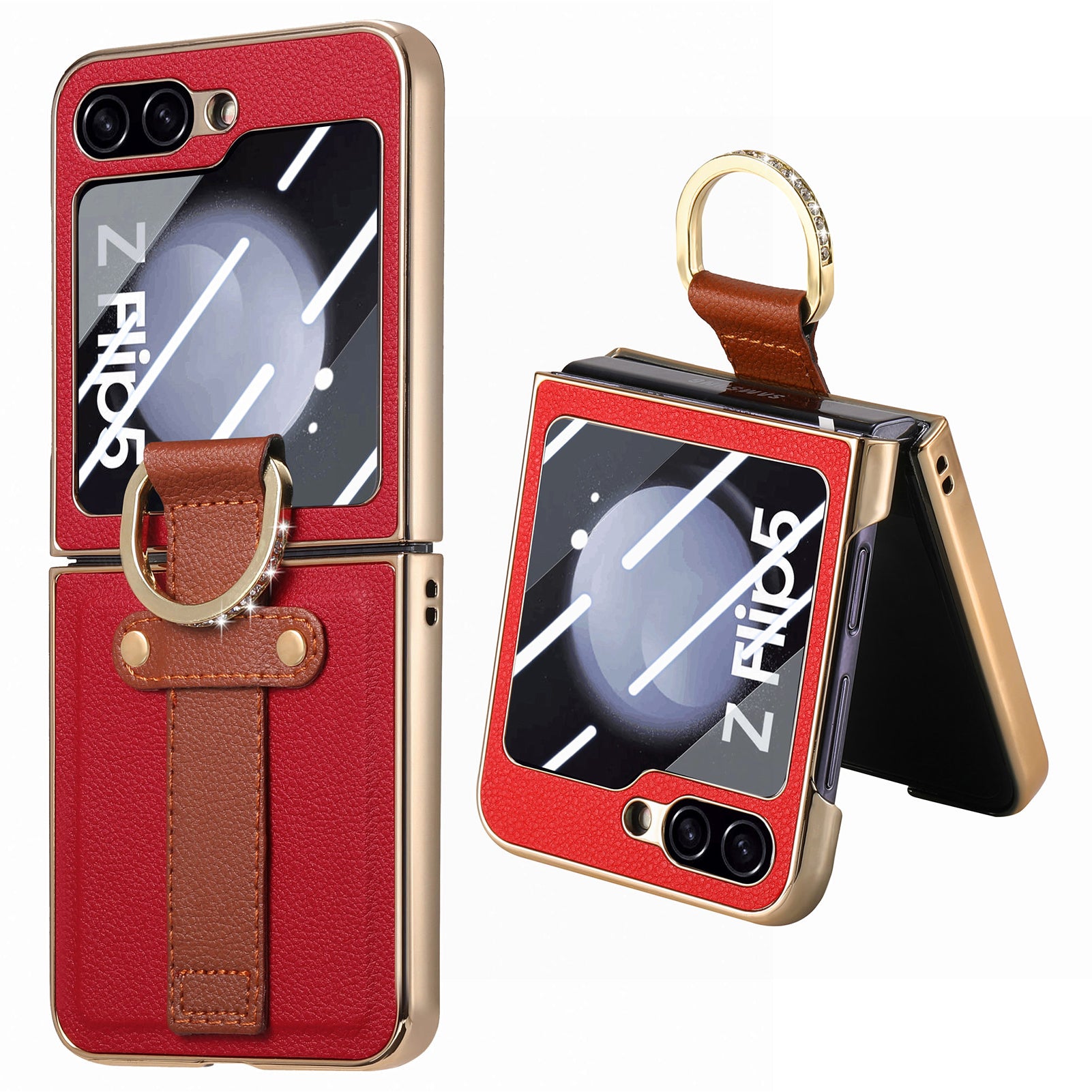 For Samsung Galaxy Z Flip5 5G PU Leather PC Electroplating Case Rhinestone Decor Ring Kickstand Phone Cover