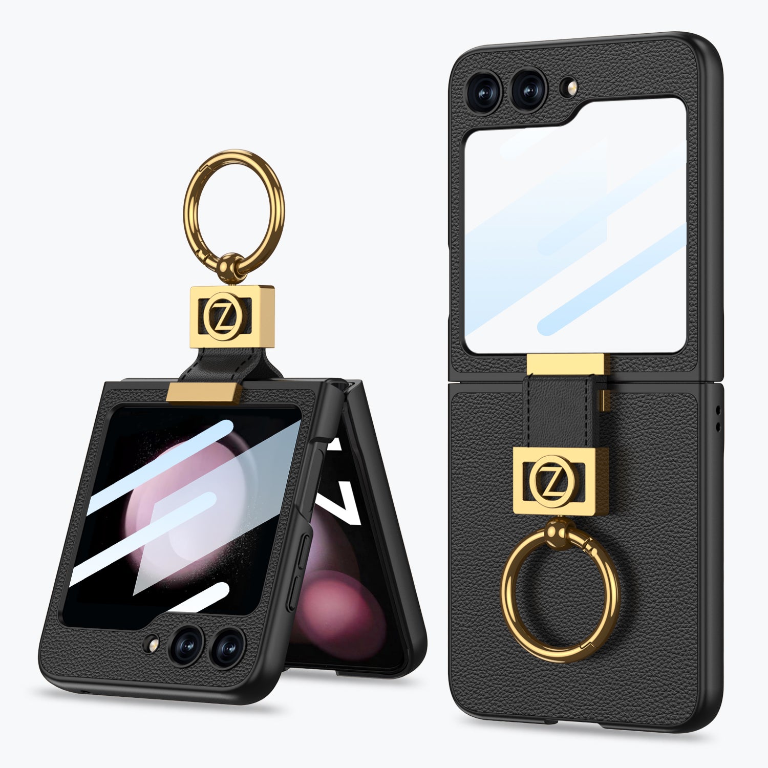 GKK For Samsung Galaxy Z Flip5 5G Slim Phone Cover Hard PC PU Metal Z Letter Kickstand Case with Small Screen Film
