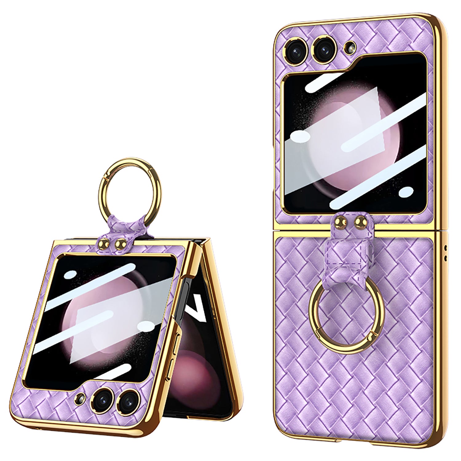 GKK For Samsung Galaxy Z Flip5 5G Woven Pattern Electroplating Kickstand Case Hard PC PU Phone Cover with Small Screen Film