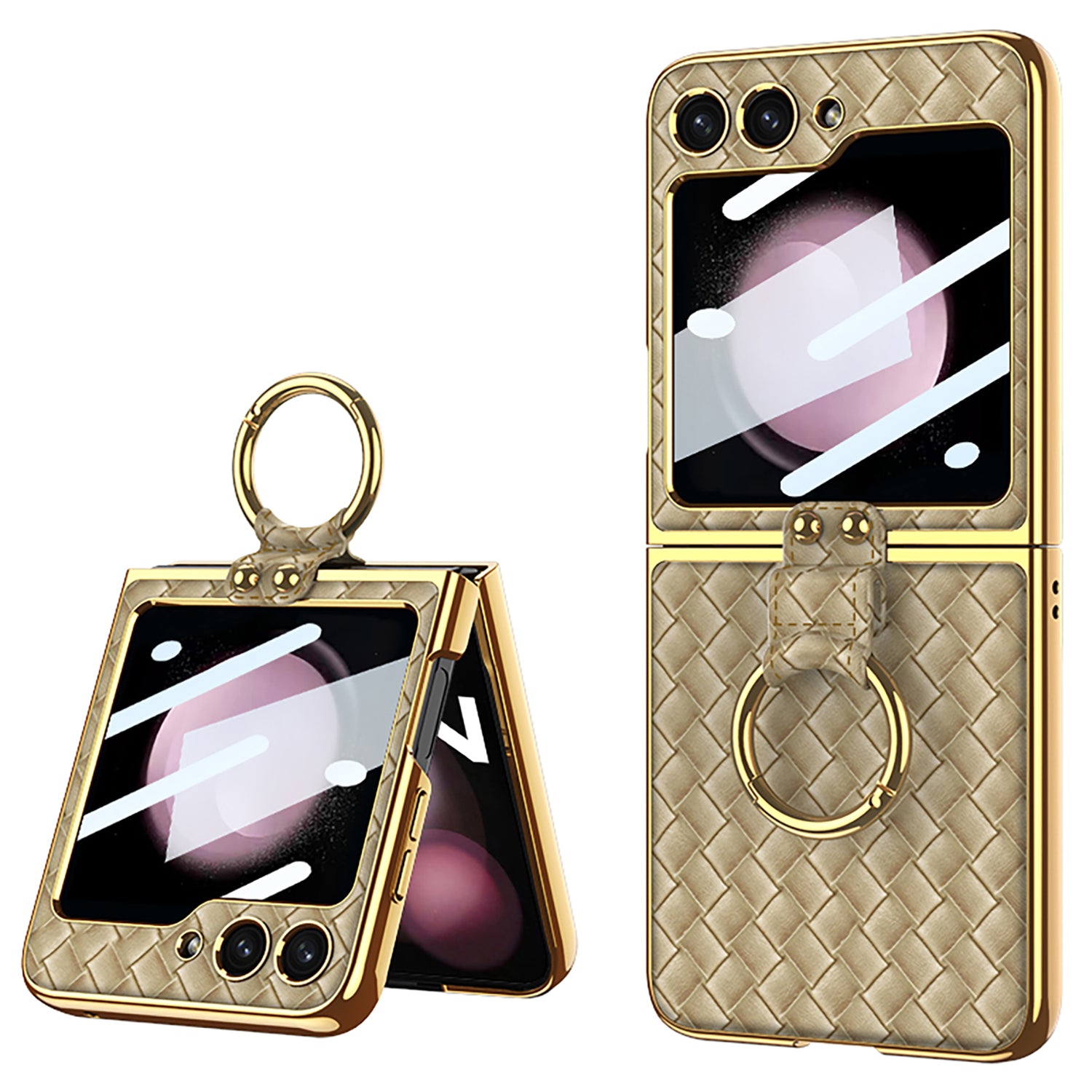 GKK For Samsung Galaxy Z Flip5 5G Woven Pattern Electroplating Kickstand Case Hard PC PU Phone Cover with Small Screen Film