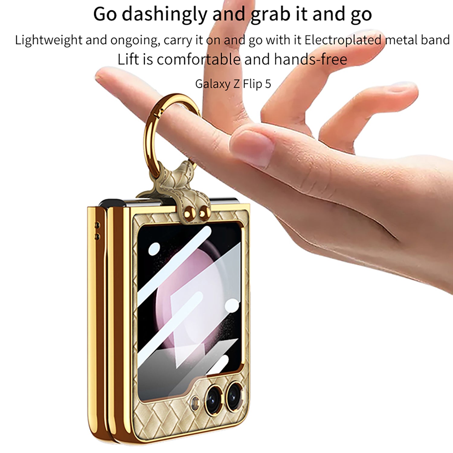 GKK For Samsung Galaxy Z Flip5 5G Woven Pattern Electroplating Kickstand Case Hard PC PU Phone Cover with Small Screen Film