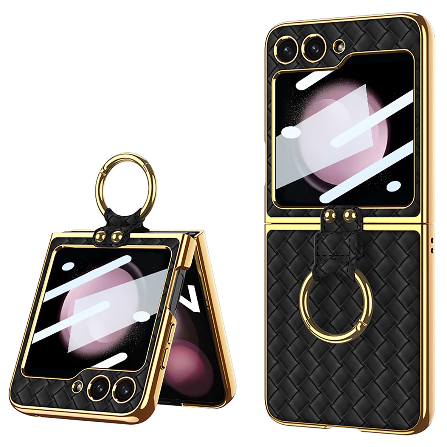 GKK For Samsung Galaxy Z Flip5 5G Woven Pattern Electroplating Kickstand Case Hard PC PU Phone Cover with Small Screen Film