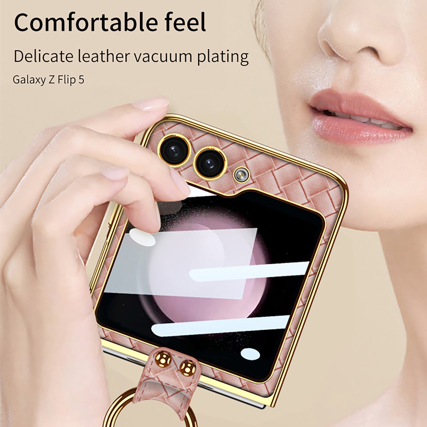 GKK For Samsung Galaxy Z Flip5 5G Woven Pattern Electroplating Kickstand Case Hard PC PU Phone Cover with Small Screen Film