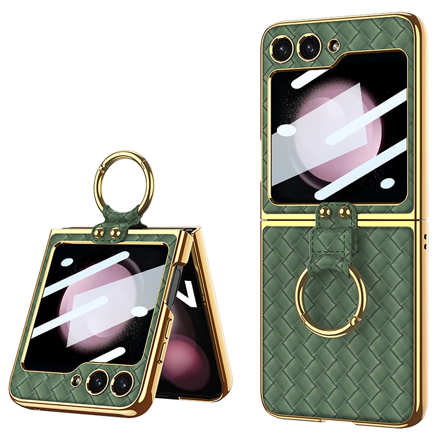 GKK For Samsung Galaxy Z Flip5 5G Woven Pattern Electroplating Kickstand Case Hard PC PU Phone Cover with Small Screen Film