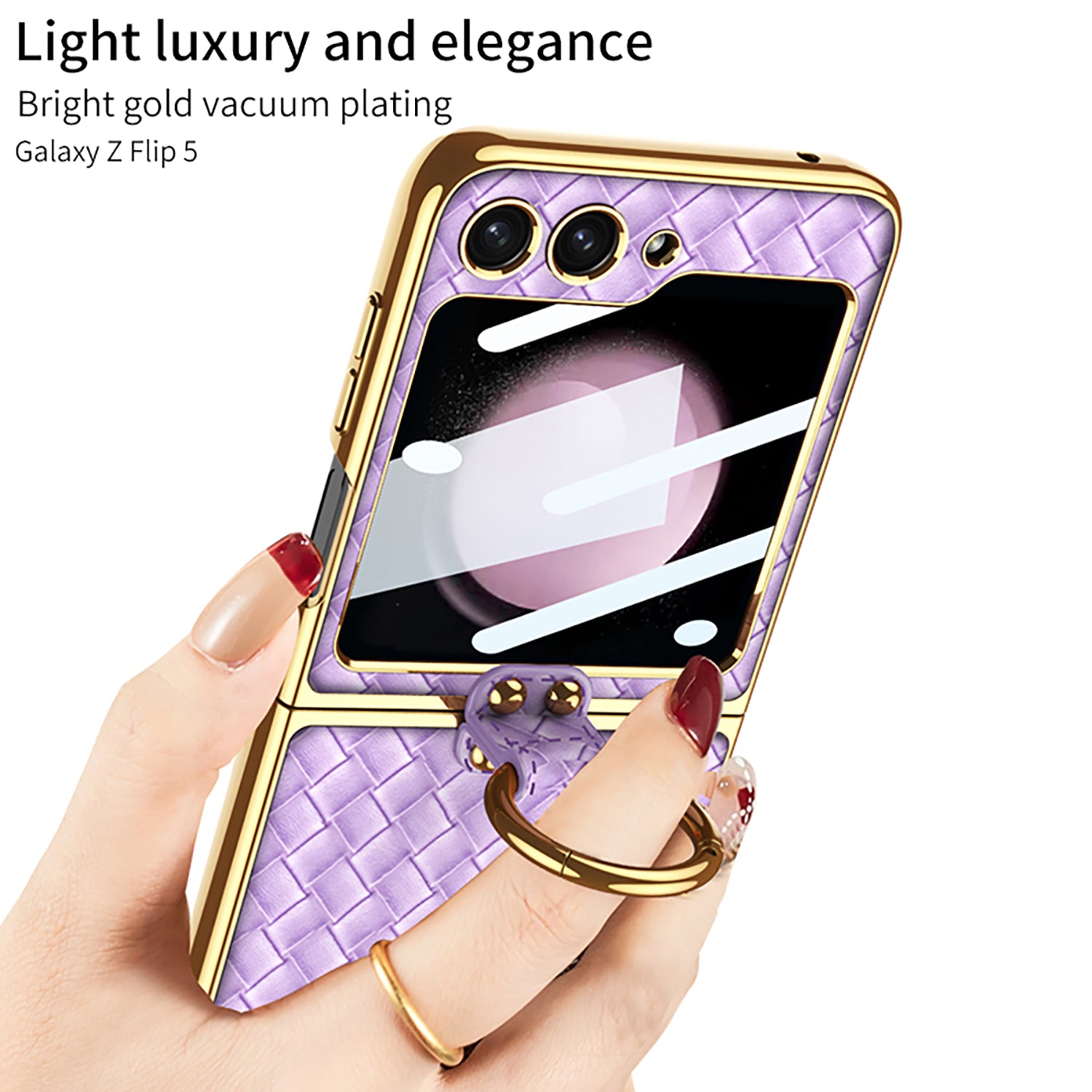 GKK For Samsung Galaxy Z Flip5 5G Woven Pattern Electroplating Kickstand Case Hard PC PU Phone Cover with Small Screen Film