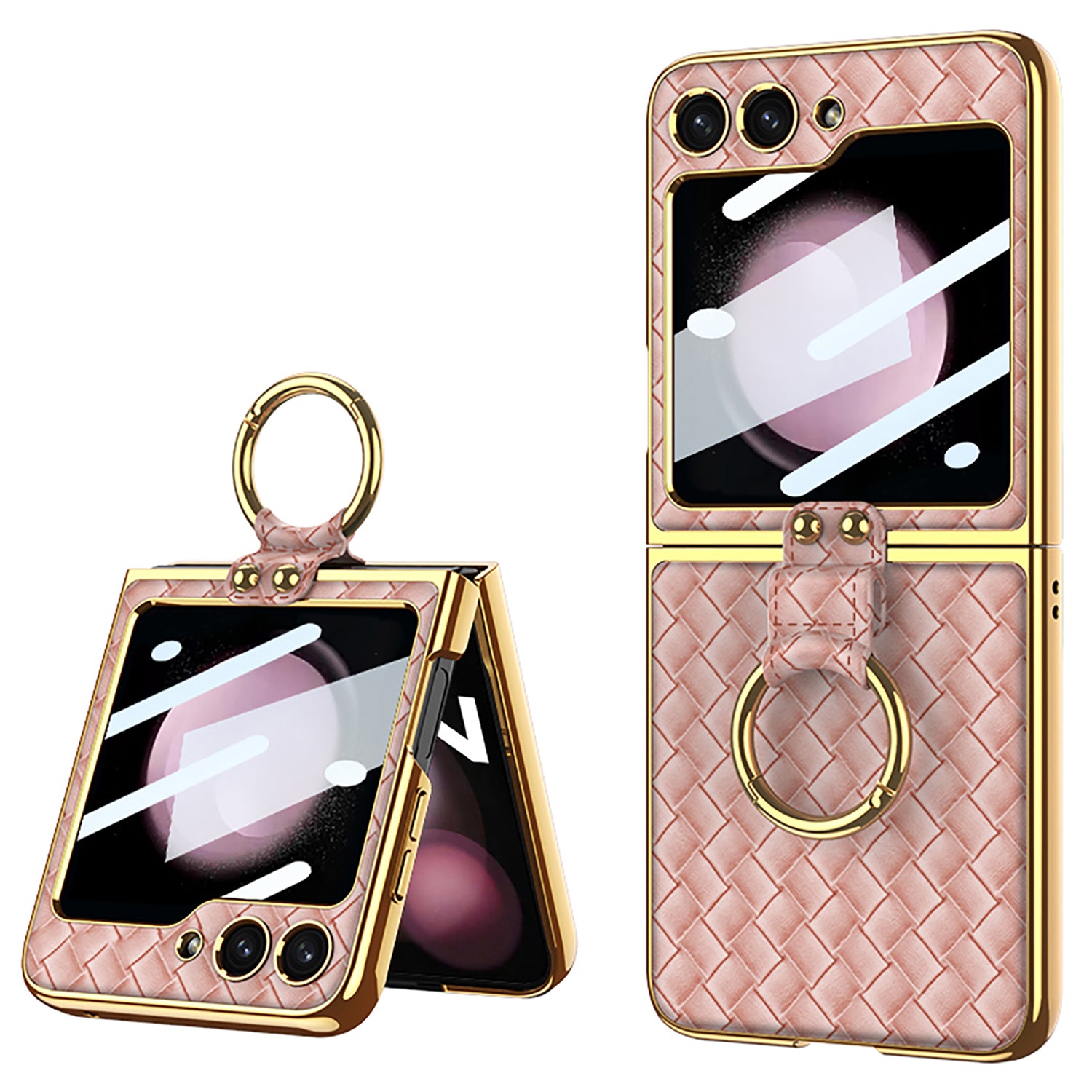 GKK For Samsung Galaxy Z Flip5 5G Woven Pattern Electroplating Kickstand Case Hard PC PU Phone Cover with Small Screen Film