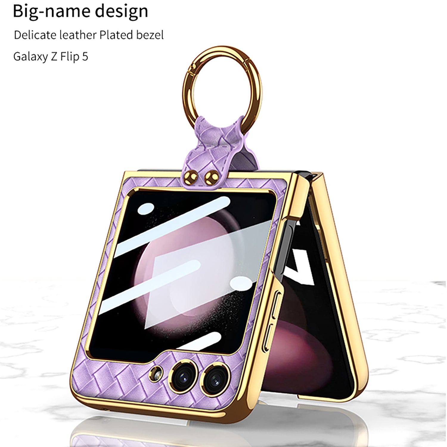 GKK For Samsung Galaxy Z Flip5 5G Woven Pattern Electroplating Kickstand Case Hard PC PU Phone Cover with Small Screen Film
