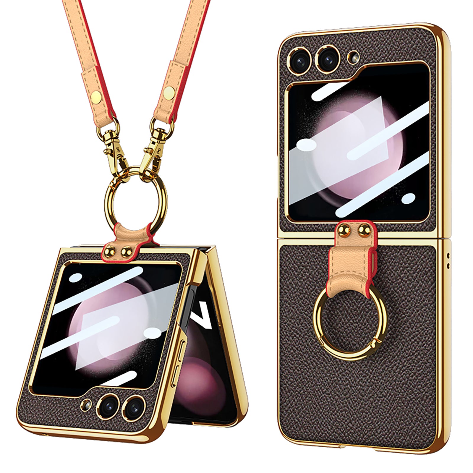GKK For Samsung Galaxy Z Flip5 5G PU Leather PC Phone Case Ring Kickstand Electroplating Cover with Small Screen Film and Shoulder Strap