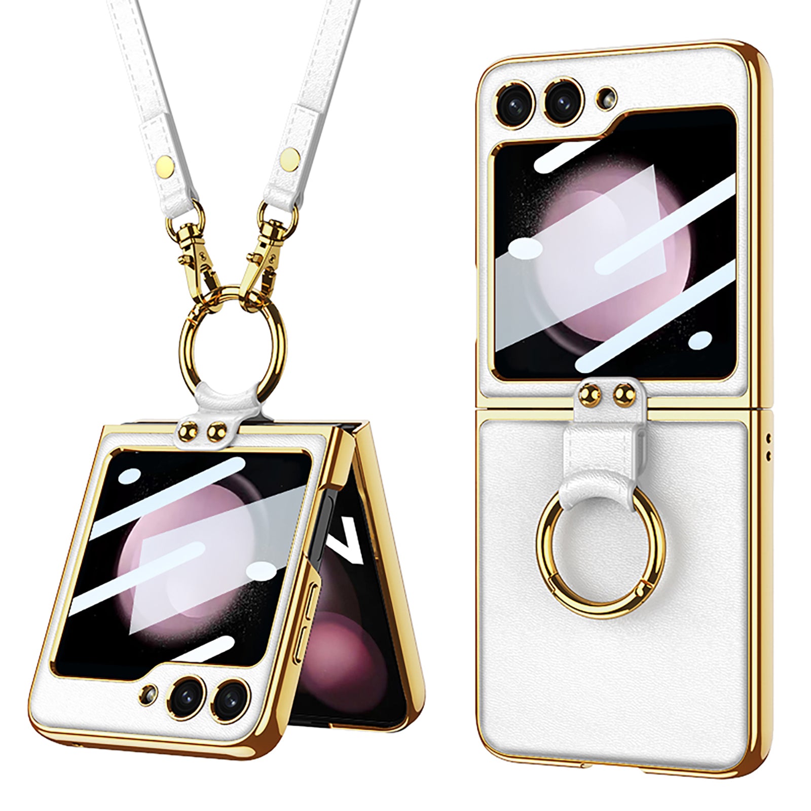 GKK For Samsung Galaxy Z Flip5 5G PU Leather PC Phone Case Ring Kickstand Electroplating Cover with Small Screen Film and Shoulder Strap