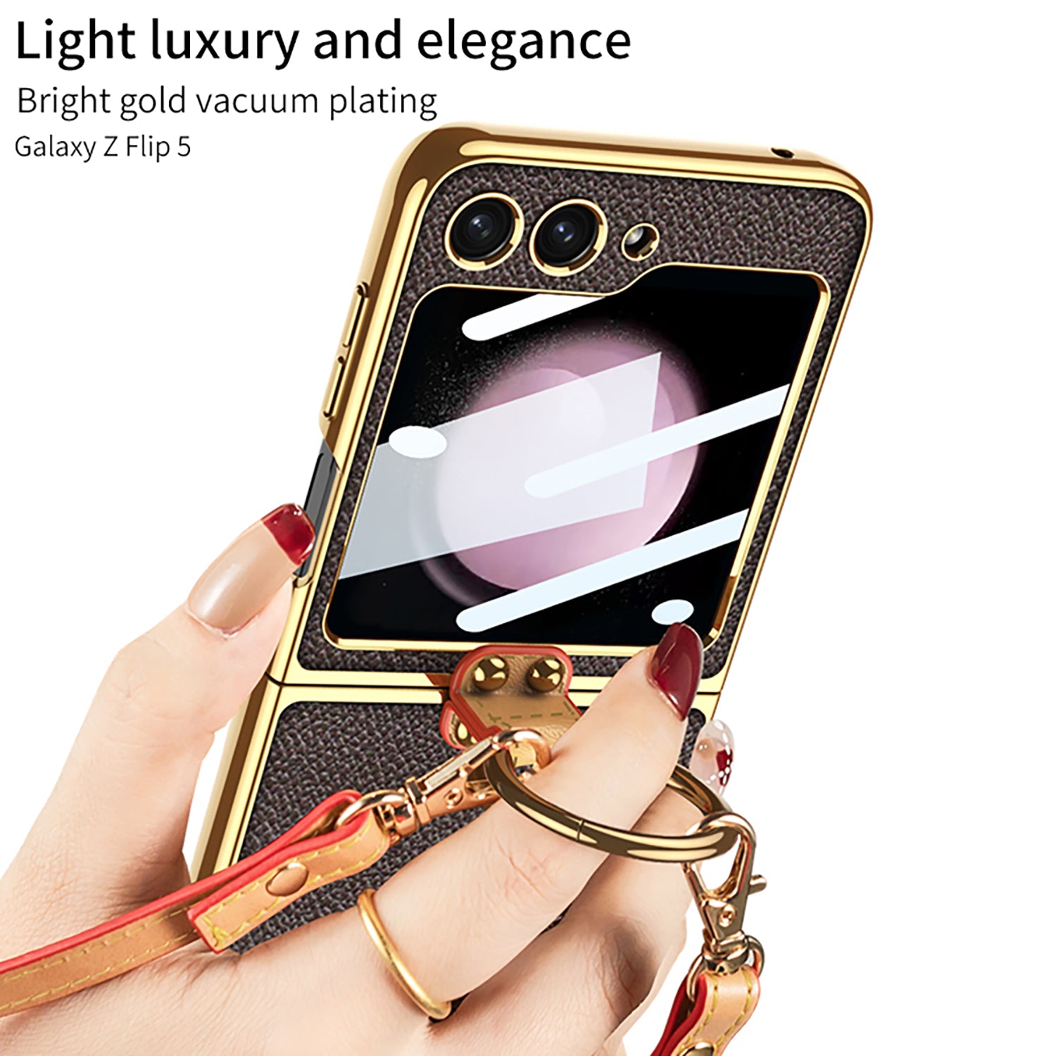 GKK For Samsung Galaxy Z Flip5 5G PU Leather PC Phone Case Ring Kickstand Electroplating Cover with Small Screen Film and Shoulder Strap