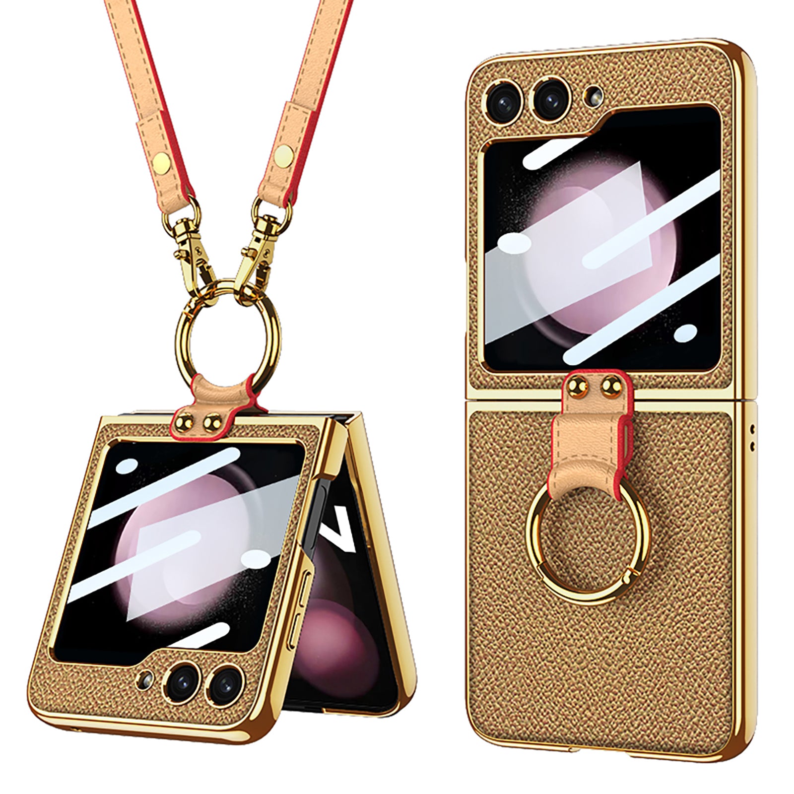 GKK For Samsung Galaxy Z Flip5 5G PU Leather PC Phone Case Ring Kickstand Electroplating Cover with Small Screen Film and Shoulder Strap