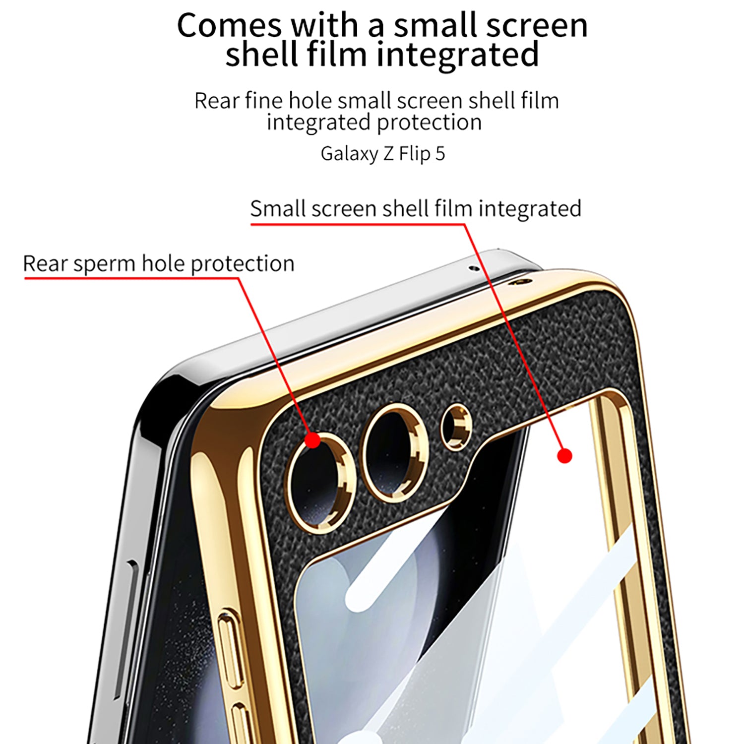 GKK For Samsung Galaxy Z Flip5 5G PU Leather PC Phone Case Ring Kickstand Electroplating Cover with Small Screen Film and Shoulder Strap