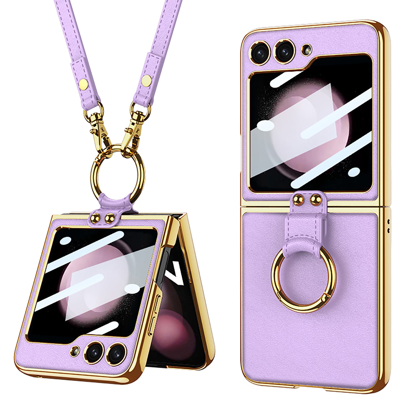 GKK For Samsung Galaxy Z Flip5 5G PU Leather PC Phone Case Ring Kickstand Electroplating Cover with Small Screen Film and Shoulder Strap