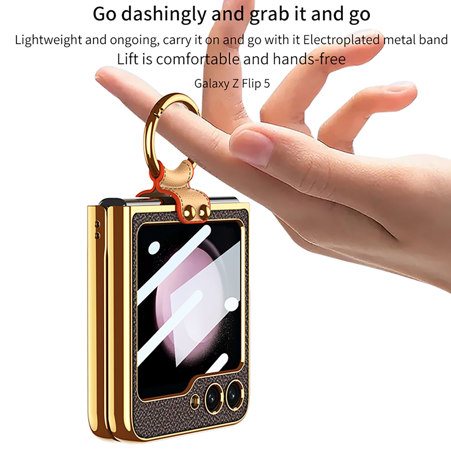 GKK For Samsung Galaxy Z Flip5 5G PU Leather PC Phone Case Ring Kickstand Electroplating Cover with Small Screen Film and Shoulder Strap