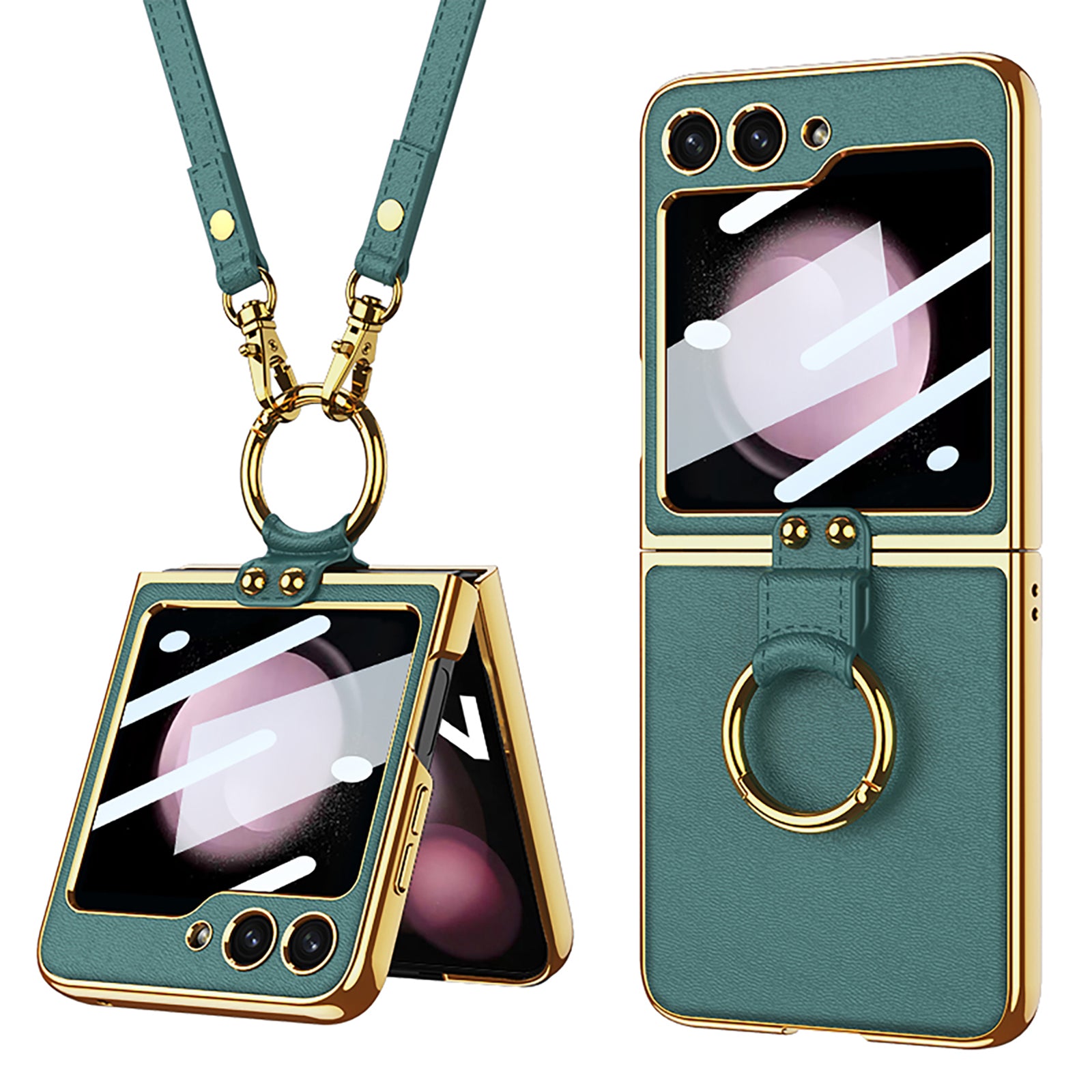 GKK For Samsung Galaxy Z Flip5 5G PU Leather PC Phone Case Ring Kickstand Electroplating Cover with Small Screen Film and Shoulder Strap