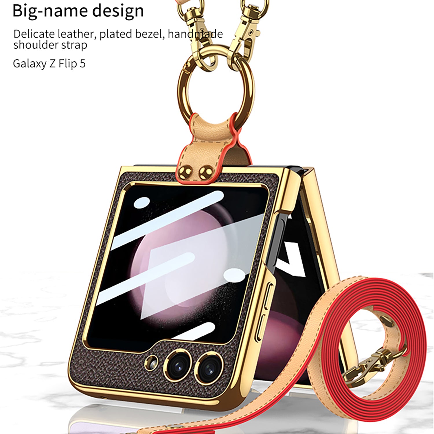 GKK For Samsung Galaxy Z Flip5 5G PU Leather PC Phone Case Ring Kickstand Electroplating Cover with Small Screen Film and Shoulder Strap