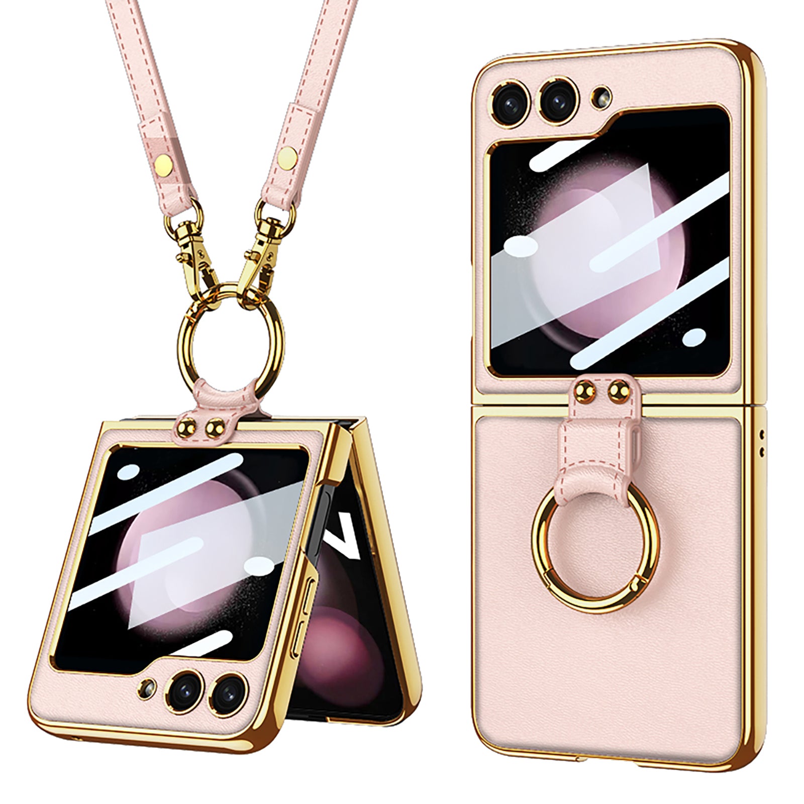 GKK For Samsung Galaxy Z Flip5 5G PU Leather PC Phone Case Ring Kickstand Electroplating Cover with Small Screen Film and Shoulder Strap
