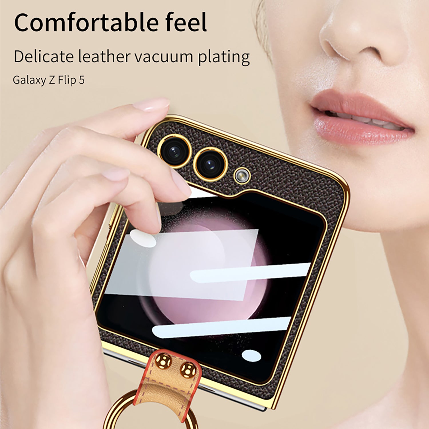 GKK For Samsung Galaxy Z Flip5 5G PU Leather PC Phone Case Ring Kickstand Electroplating Cover with Small Screen Film and Shoulder Strap