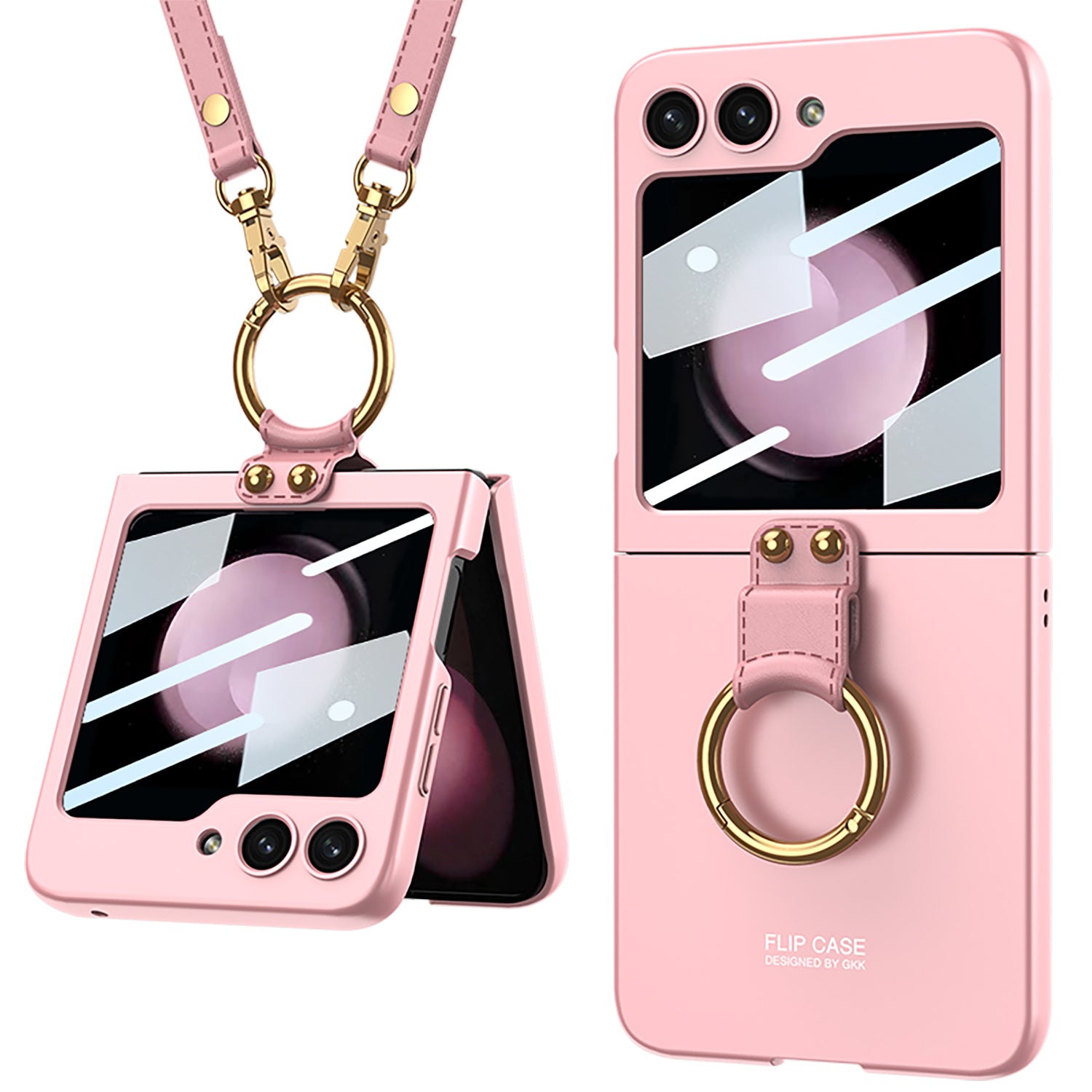 GKK For Samsung Galaxy Z Flip5 5G Ring Kickstand Cover Hard PC Phone Case with Small Screen Film and Shoulder Strap