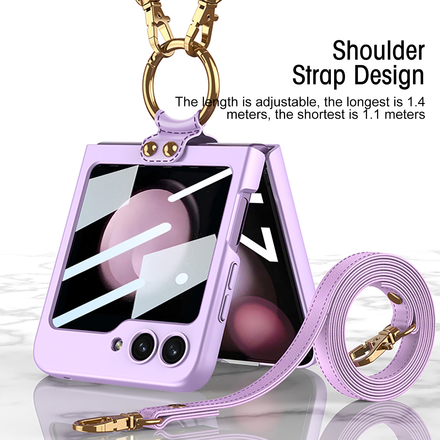 GKK For Samsung Galaxy Z Flip5 5G Ring Kickstand Cover Hard PC Phone Case with Small Screen Film and Shoulder Strap