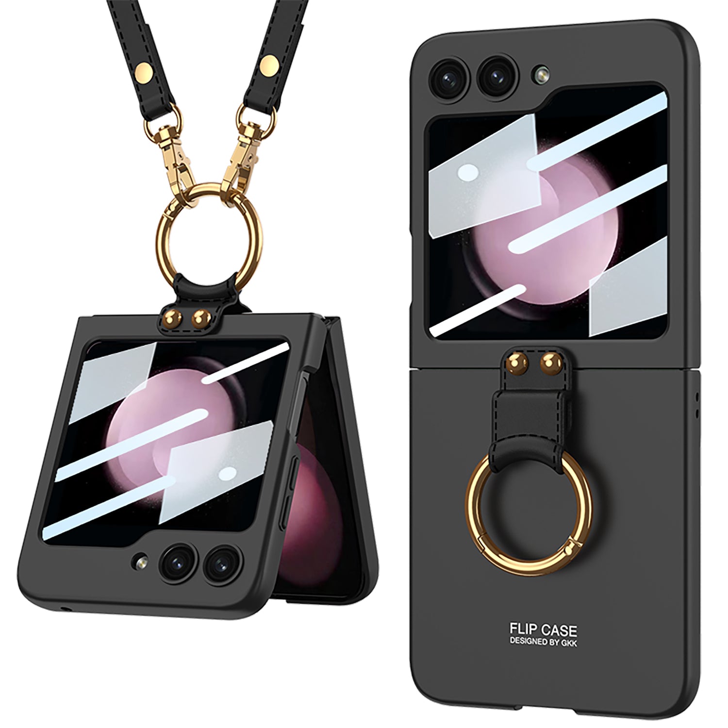 GKK For Samsung Galaxy Z Flip5 5G Ring Kickstand Cover Hard PC Phone Case with Small Screen Film and Shoulder Strap