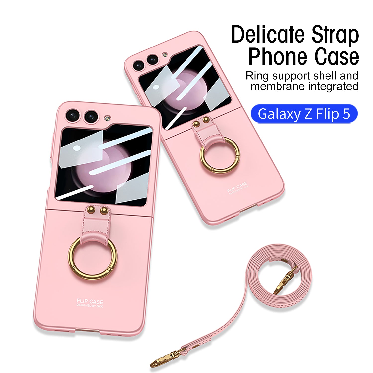 GKK For Samsung Galaxy Z Flip5 5G Ring Kickstand Cover Hard PC Phone Case with Small Screen Film and Shoulder Strap