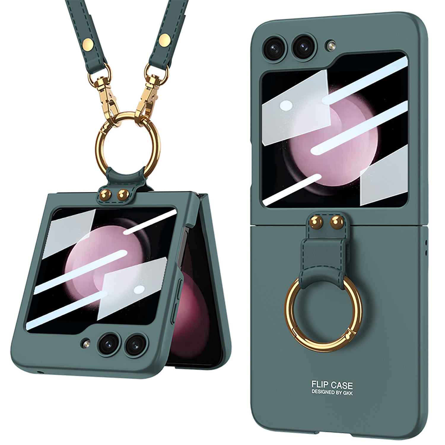 GKK For Samsung Galaxy Z Flip5 5G Ring Kickstand Cover Hard PC Phone Case with Small Screen Film and Shoulder Strap