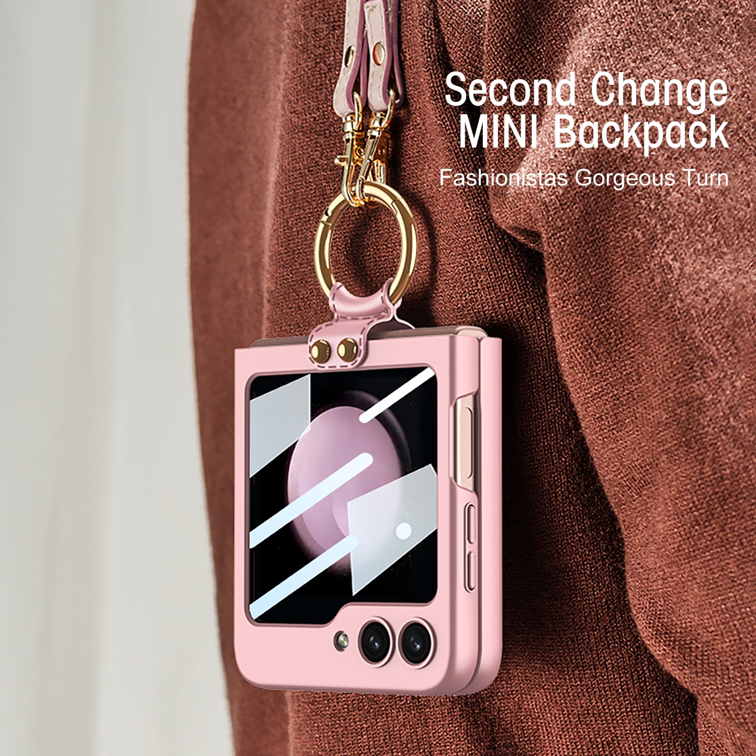 GKK For Samsung Galaxy Z Flip5 5G Ring Kickstand Cover Hard PC Phone Case with Small Screen Film and Shoulder Strap