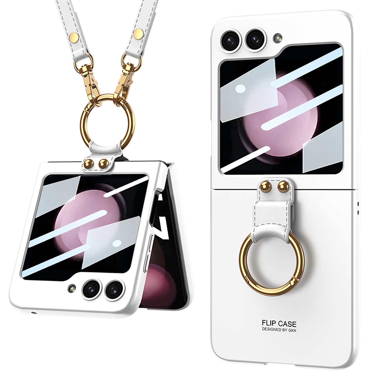 GKK For Samsung Galaxy Z Flip5 5G Ring Kickstand Cover Hard PC Phone Case with Small Screen Film and Shoulder Strap