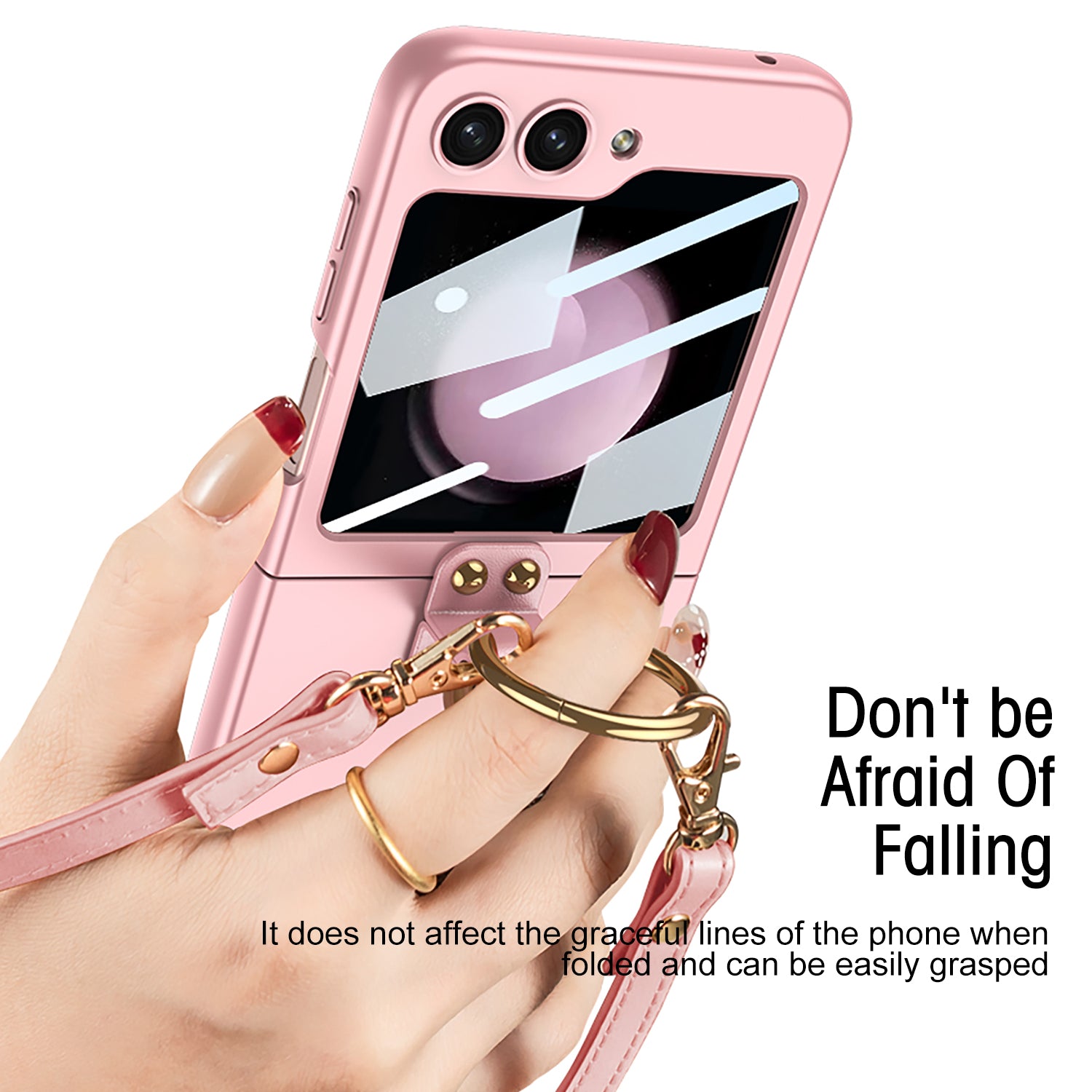 GKK For Samsung Galaxy Z Flip5 5G Ring Kickstand Cover Hard PC Phone Case with Small Screen Film and Shoulder Strap