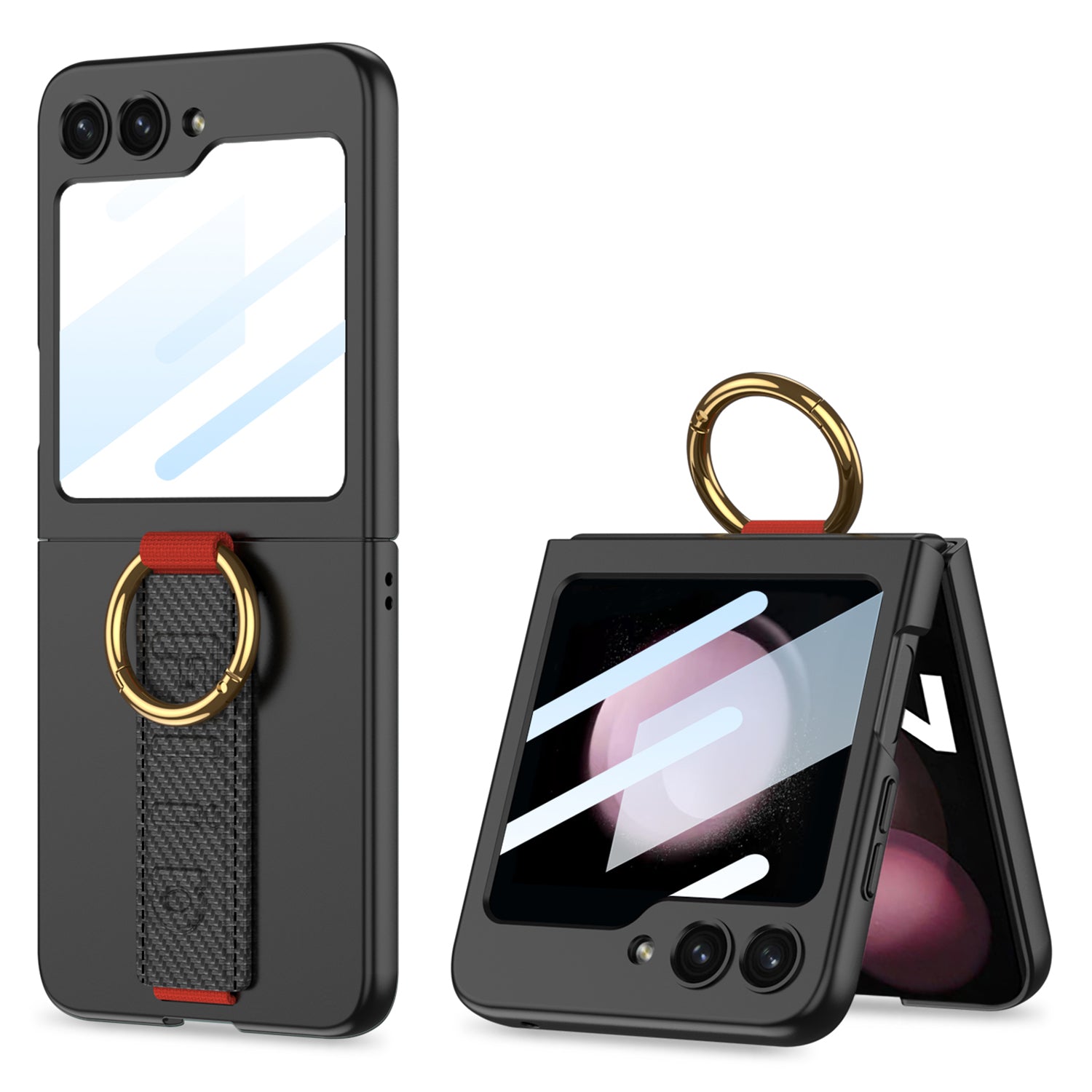 GKK For Samsung Galaxy Z Flip5 5G Wristband PC Phone Case Ring Kickstand Protective Cover with Integrated Rear Small Screen Film
