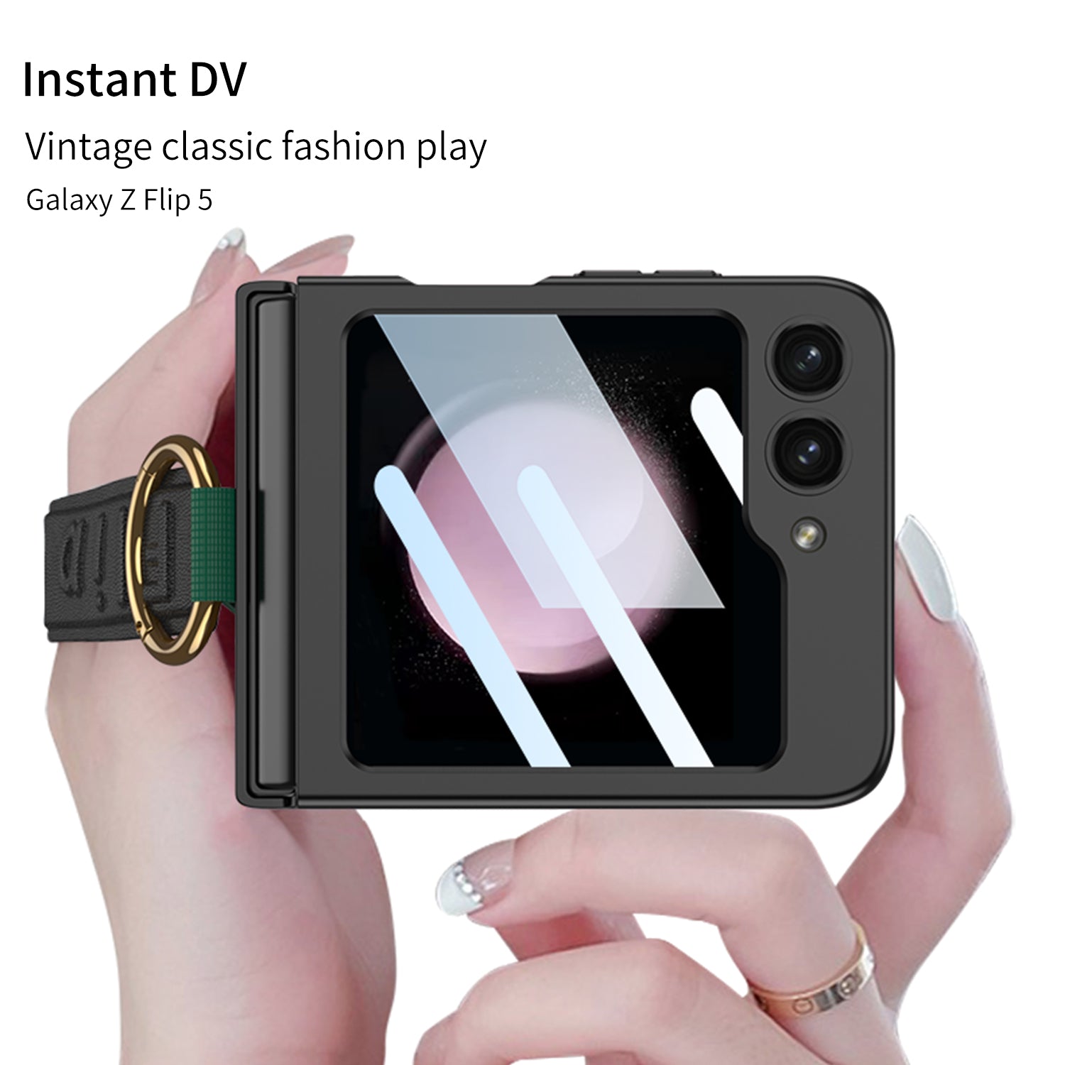 GKK For Samsung Galaxy Z Flip5 5G Wristband PC Phone Case Ring Kickstand Protective Cover with Integrated Rear Small Screen Film